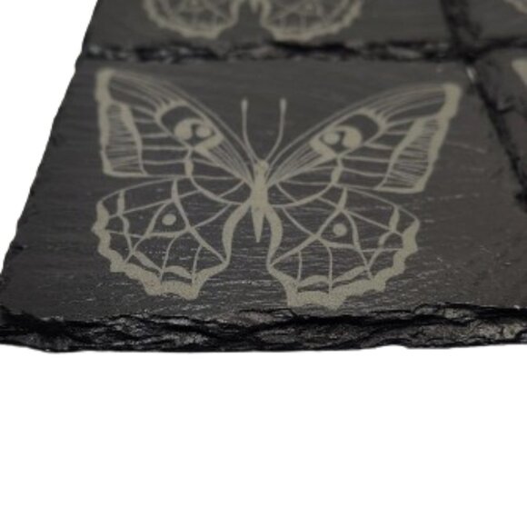 4 Inch Black Coasters Stone Coaster Set, Laser Engraving "Butterfly" Set of 4 - Picture 6 of 10